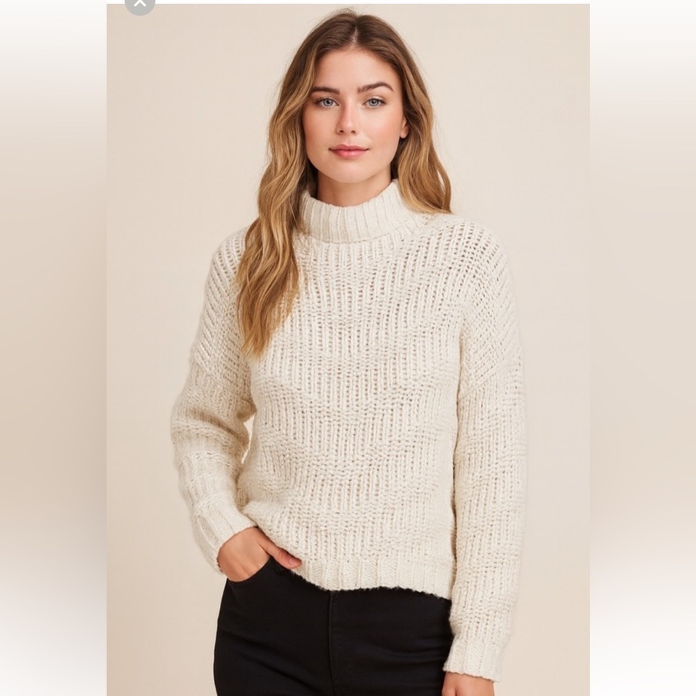 Moon and Maddison Cream Chunky Knit Sweater Monk Neck Minimalist Cozy M